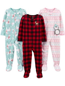 Toddler and Baby Girls' Loose Fit Fleece Footed Pajamas, Pack of 3