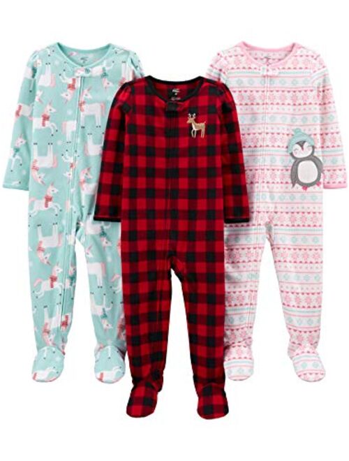 Simple Joys by Carter's Toddler and Baby Girls' Loose Fit Fleece Footed Pajamas, Pack of 3