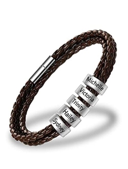 Novgarden Mens Leather Bracelets with 1-8 Engraved Beads Name, Custom Name Braid Bracelet Personalized Men's ID Bracelet for Dad, Grandpa