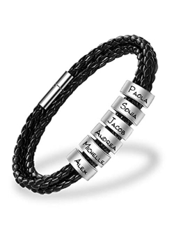 Novgarden Mens Leather Bracelets with 1-8 Engraved Beads Name, Custom Name Braid Bracelet Personalized Men's ID Bracelet for Dad, Grandpa