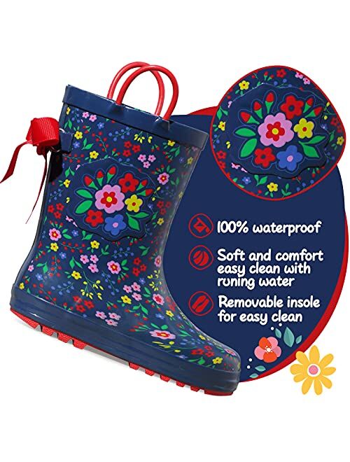 K KomForme Kids Rain Boots Waterproof Printed Rubber boots with Handles