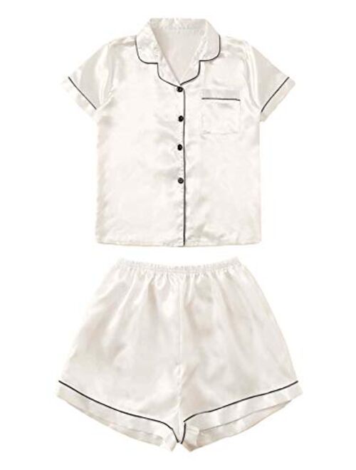 WDIRARA Women's Sleepwear Satin Short Sleeve Shirt and Shorts Pajama Set