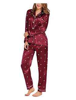 SWOMOG Womens Silk Satin Pajamas Loungewear Two-piece Sleepwear Button-Down Pj Set