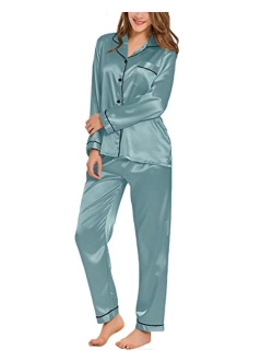 SWOMOG Womens Silk Satin Pajamas Loungewear Two-piece Sleepwear Button-Down Pj Set