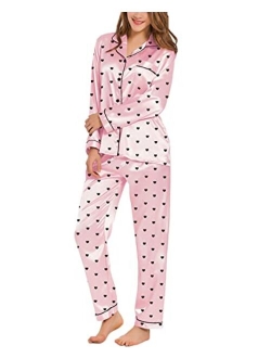 SWOMOG Womens Silk Satin Pajamas Loungewear Two-piece Sleepwear Button-Down Pj Set