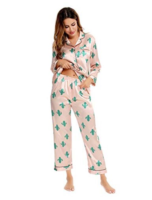 SWOMOG Womens Silk Satin Pajamas Loungewear Two-piece Sleepwear Button-Down Pj Set