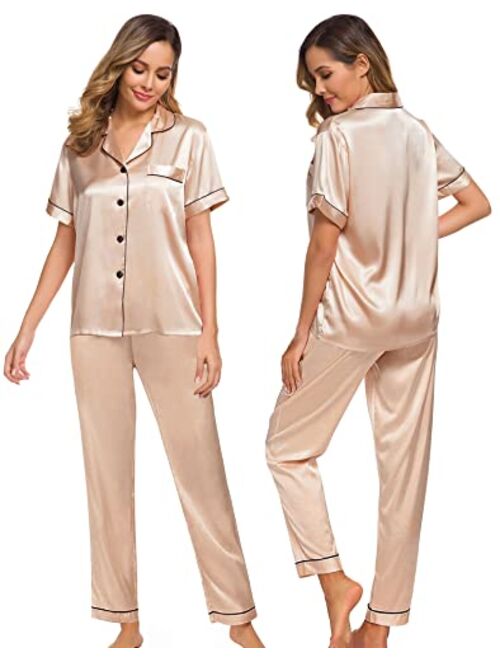 SWOMOG Womens Silk Satin Pajamas Loungewear Two-piece Sleepwear Button-Down Pj Set