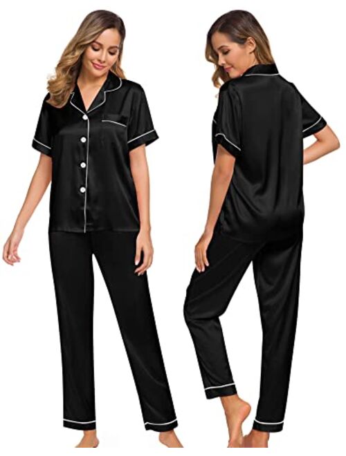 SWOMOG Womens Silk Satin Pajamas Loungewear Two-piece Sleepwear Button-Down Pj Set