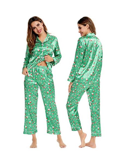 SWOMOG Womens Silk Satin Pajamas Loungewear Two-piece Sleepwear Button-Down Pj Set