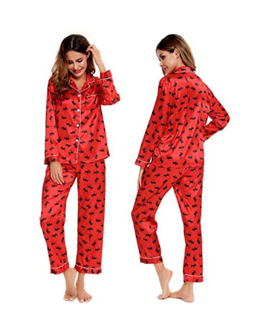 SWOMOG Womens Silk Satin Pajamas Loungewear Two-piece Sleepwear Button-Down Pj Set