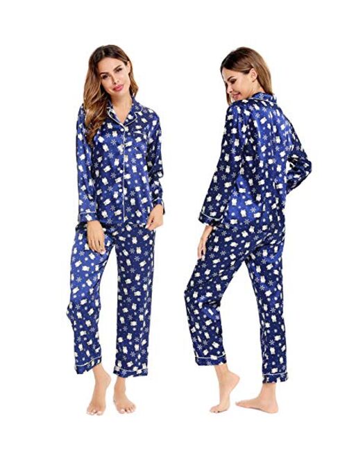 SWOMOG Womens Silk Satin Pajamas Loungewear Two-piece Sleepwear Button-Down Pj Set