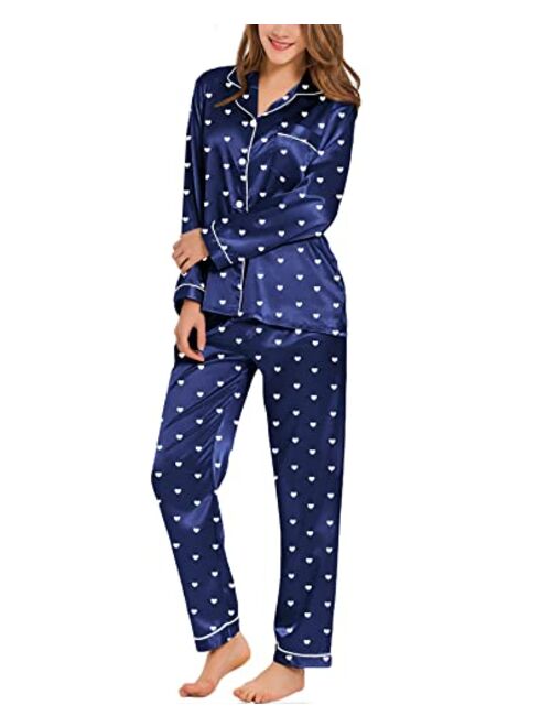 SWOMOG Womens Silk Satin Pajamas Loungewear Two-piece Sleepwear Button-Down Pj Set