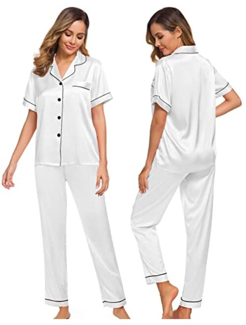 SWOMOG Womens Silk Satin Pajamas Loungewear Two-piece Sleepwear Button-Down Pj Set