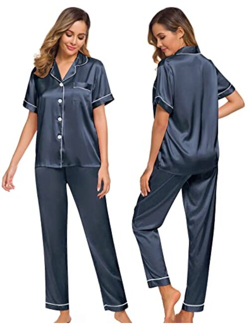 SWOMOG Womens Silk Satin Pajamas Loungewear Two-piece Sleepwear Button-Down Pj Set