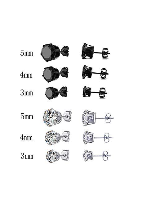 K&Q 6 Pair Stainless Steel Mens Womens Stud Earrings Set Black and Clear Round Cubic Zirconia Inlaid Pierced Hypoallergenic 3-5mm(12PCS,3 Pairs Black,3 Pairs Clear)