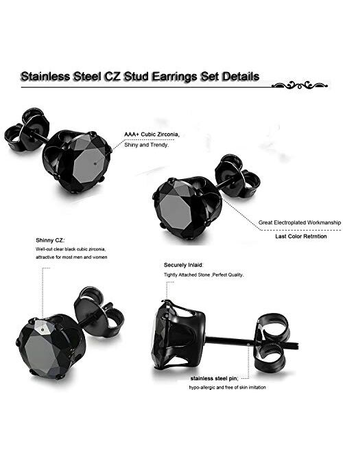 K&Q 6 Pair Stainless Steel Mens Womens Stud Earrings Set Black and Clear Round Cubic Zirconia Inlaid Pierced Hypoallergenic 3-5mm(12PCS,3 Pairs Black,3 Pairs Clear)