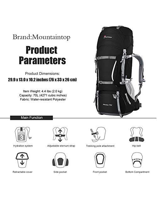 MOUNTAINTOP 70L/75L Internal Frame Hiking Backpack for Men Women with Rain Cover