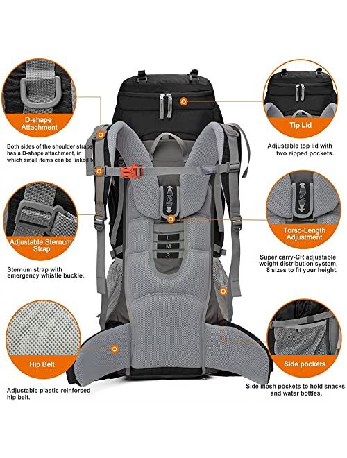 MOUNTAINTOP 70L/75L Internal Frame Hiking Backpack for Men Women with Rain Cover