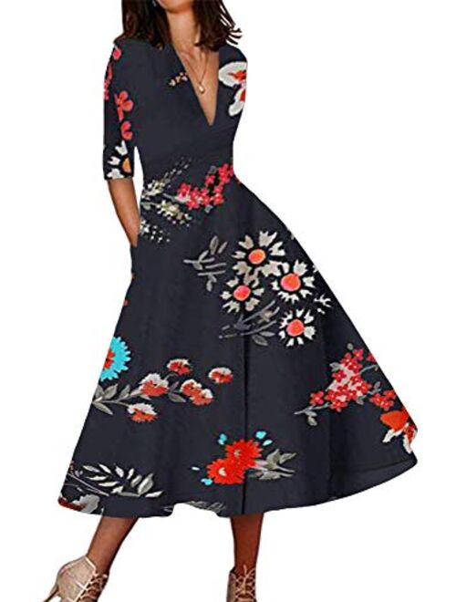 YMING Womens Floral Print Deep V Neck Cocktail Maxi Dress 3/4 Sleeve Pleated Swing Long Dress with Pockets