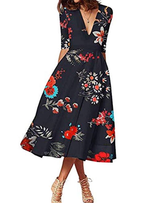 YMING Womens Floral Print Deep V Neck Cocktail Maxi Dress 3/4 Sleeve Pleated Swing Long Dress with Pockets