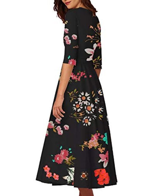 YMING Womens Floral Print Deep V Neck Cocktail Maxi Dress 3/4 Sleeve Pleated Swing Long Dress with Pockets