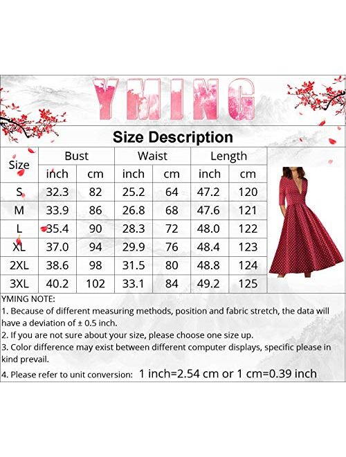 YMING Womens Floral Print Deep V Neck Cocktail Maxi Dress 3/4 Sleeve Pleated Swing Long Dress with Pockets