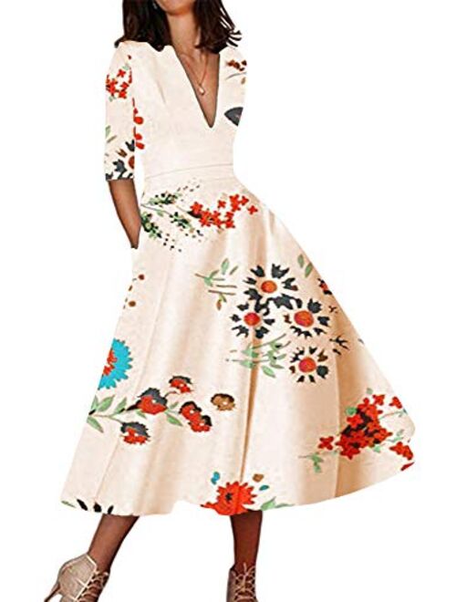 YMING Womens Floral Print Deep V Neck Cocktail Maxi Dress 3/4 Sleeve Pleated Swing Long Dress with Pockets