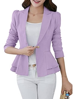 YMING Womens Slim One Button Blazer Solid Color Office Cardigan Long Sleeve Ruffle Hem Jacket Plus Size