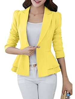 YMING Womens Slim One Button Blazer Solid Color Office Cardigan Long Sleeve Ruffle Hem Jacket Plus Size