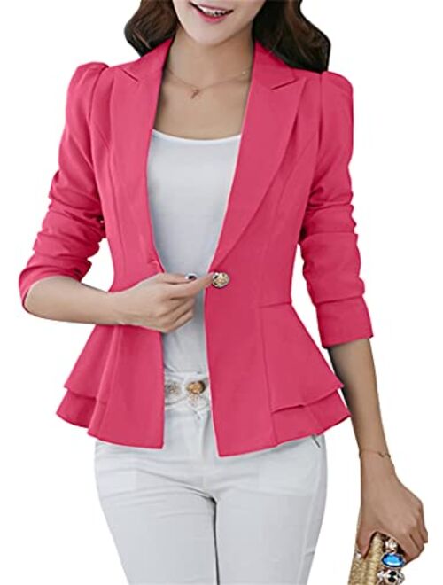 YMING Womens Slim One Button Blazer Solid Color Office Cardigan Long Sleeve Ruffle Hem Jacket Plus Size