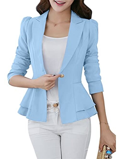 YMING Womens Slim One Button Blazer Solid Color Office Cardigan Long Sleeve Ruffle Hem Jacket Plus Size