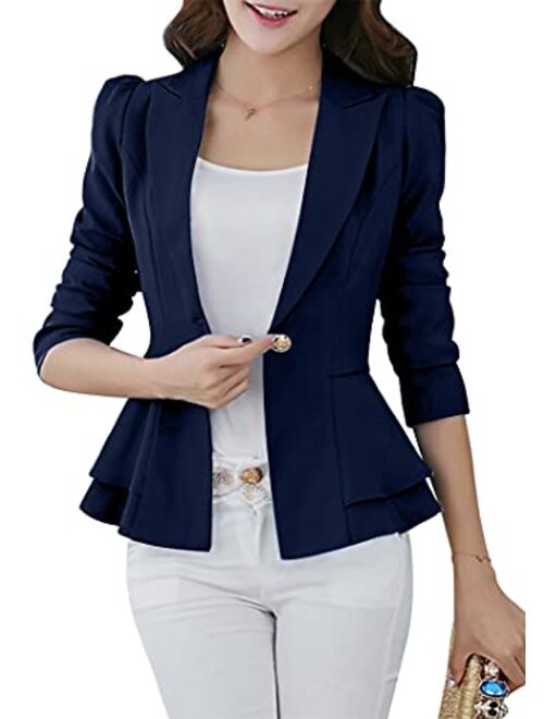 YMING Womens Slim One Button Blazer Solid Color Office Cardigan Long Sleeve Ruffle Hem Jacket Plus Size