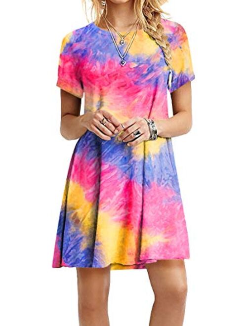 YMING Women's Casual Tie Dye T Shirt Dress Summer Scoop Neck Beach Dress Short Sleeve Swing Sundress Plus Size