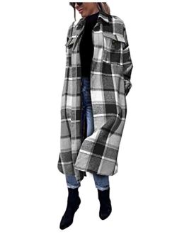 Omoone Women's Oversized Thick Woolen Long Plaid Shirt Jacket Check Maxi Shacket