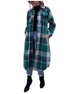 Omoone Women's Oversized Thick Woolen Long Plaid Shirt Jacket Check Maxi Shacket