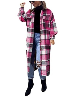 Omoone Women's Oversized Thick Woolen Long Plaid Shirt Jacket Check Maxi Shacket