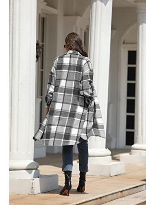 Omoone Women's Oversized Thick Woolen Long Plaid Shirt Jacket Check Maxi Shacket