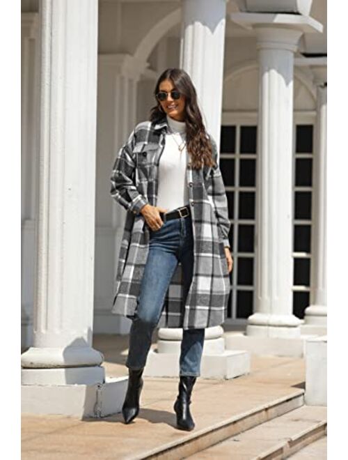 Omoone Women's Oversized Thick Woolen Long Plaid Shirt Jacket Check Maxi Shacket