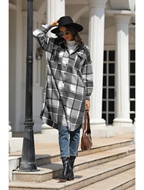 Omoone Women's Oversized Thick Woolen Long Plaid Shirt Jacket Check Maxi Shacket