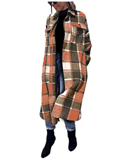 Omoone Women's Oversized Thick Woolen Long Plaid Shirt Jacket Check Maxi Shacket