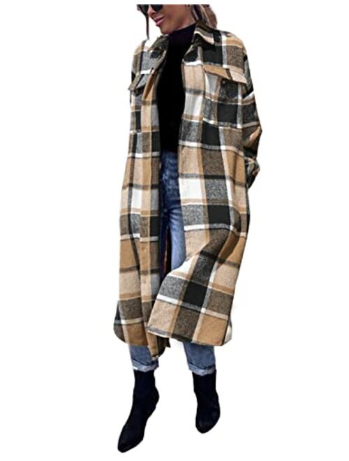 Omoone Women's Oversized Thick Woolen Long Plaid Shirt Jacket Check Maxi Shacket