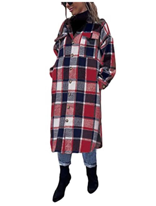 Omoone Women's Oversized Thick Woolen Long Plaid Shirt Jacket Check Maxi Shacket