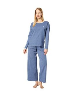 LAUREN RALPH LAUREN Long Sleeve Crew Neck Wide Leg Ankle Pants PJ Set Heather Blue MD (US 8-10)