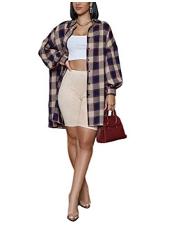 Omoone Women's Oversized Button Up Mid-Long Flannel Shacket Jacket with Lantern Sleeve