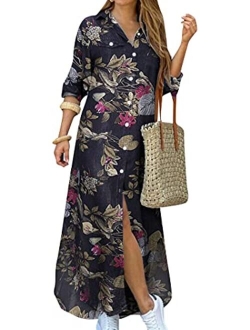 YMING Womens Long Sleeve Button Down Shirt Dress Casual Floral Print Maxi Dresses Loose Fit Blouse Dress