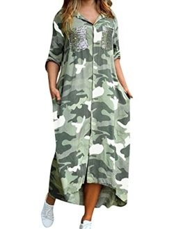 YMING Womens Long Sleeve Button Down Shirt Dress Casual Floral Print Maxi Dresses Loose Fit Blouse Dress