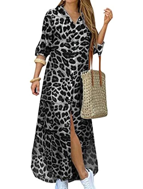 YMING Womens Long Sleeve Button Down Shirt Dress Casual Floral Print Maxi Dresses Loose Fit Blouse Dress