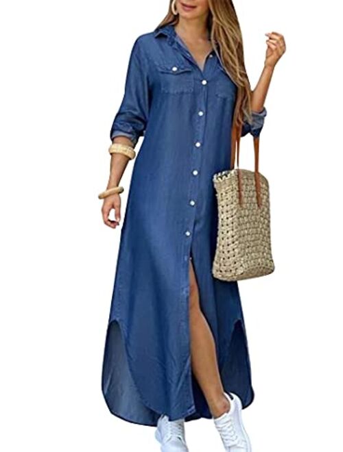 YMING Womens Long Sleeve Button Down Shirt Dress Casual Floral Print Maxi Dresses Loose Fit Blouse Dress