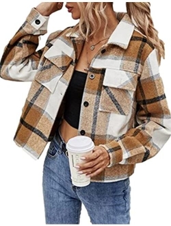 Peaceglad Women's Fashion Cropped Flannel Plaid Shacket Long Sleeve Button Down Jacket Coat