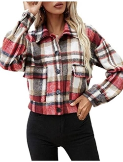 Peaceglad Women's Fashion Cropped Flannel Plaid Shacket Long Sleeve Button Down Jacket Coat